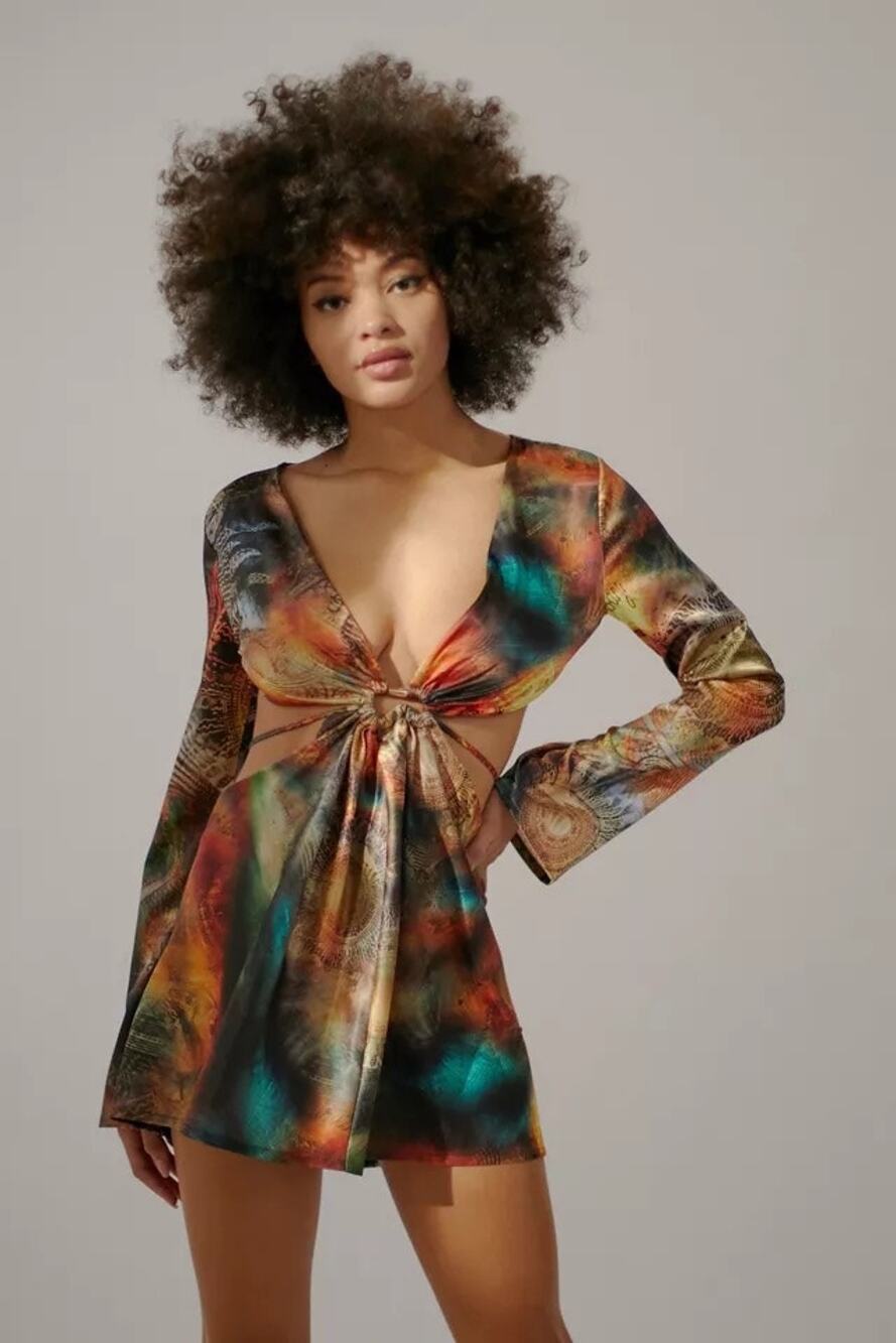 Jaded London Celestial Print Cutout Mini Dress Bell Sleeve Open Back Size 8